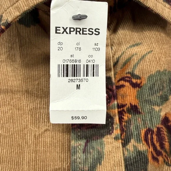 Express Button Down Shirt Womens Corduroy Floral Rose Tan Burgundy Green Medium - Picture 5 of 12